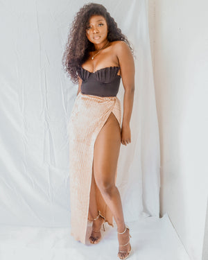 Beige velvet side split skirt
