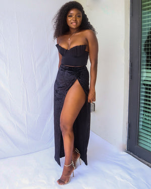 Black velvet side split skirt