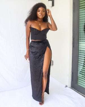 Black velvet side split skirt