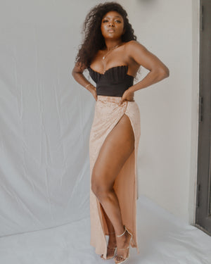 Beige velvet side split skirt