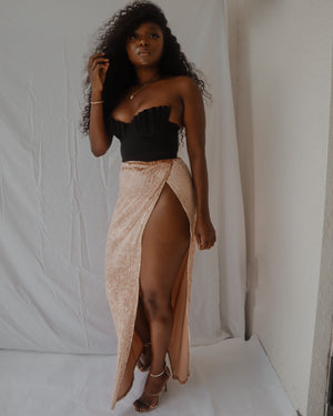 Beige velvet side split skirt